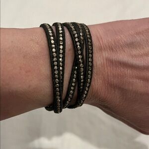 Signature Chan Luu Black Leather Wrap Bracelet with Silver Stones